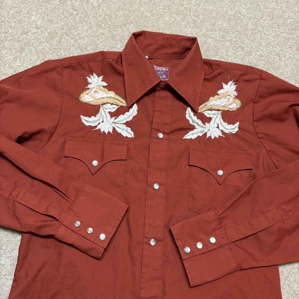 Vtg 70s Chute 1 Western Pearl Snap Shirt Women Small Embroidered Floral LS Rodeo